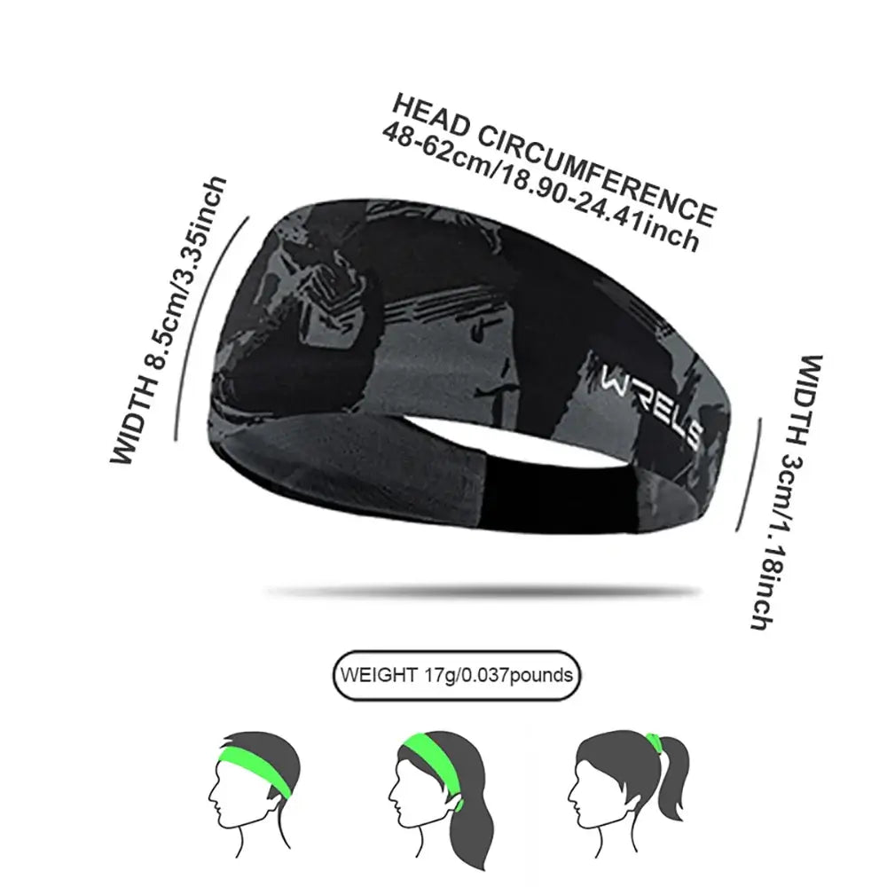 Black Running Sweat Absorbing Hair Band with size dimensions and fit guide for head circumference 48-62cm.