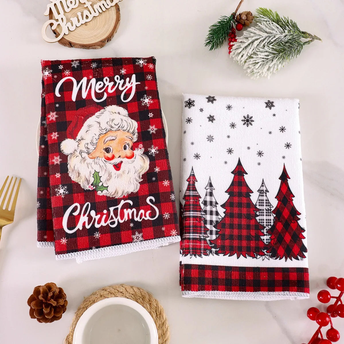2pcs Christmas Kitchen Dishtowels featuring Santa designs with red plaid and festive text, ideal for holiday kitchen décor.