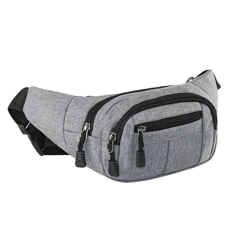 Gray fanny bag waist pack with triple zippered compartments and black strap for everyday hands-free use.