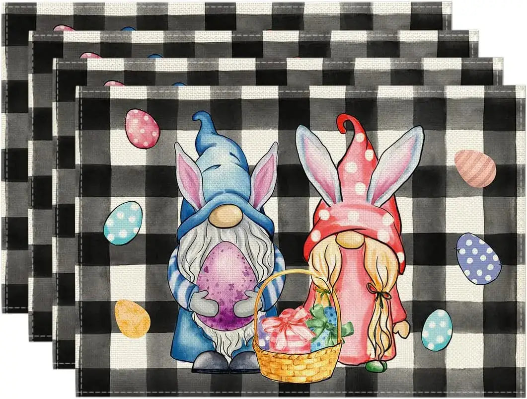 Black checkered Easter placemats with gnomes in bunny outfits and colorful eggs. Bold and playful for holiday gatherings.