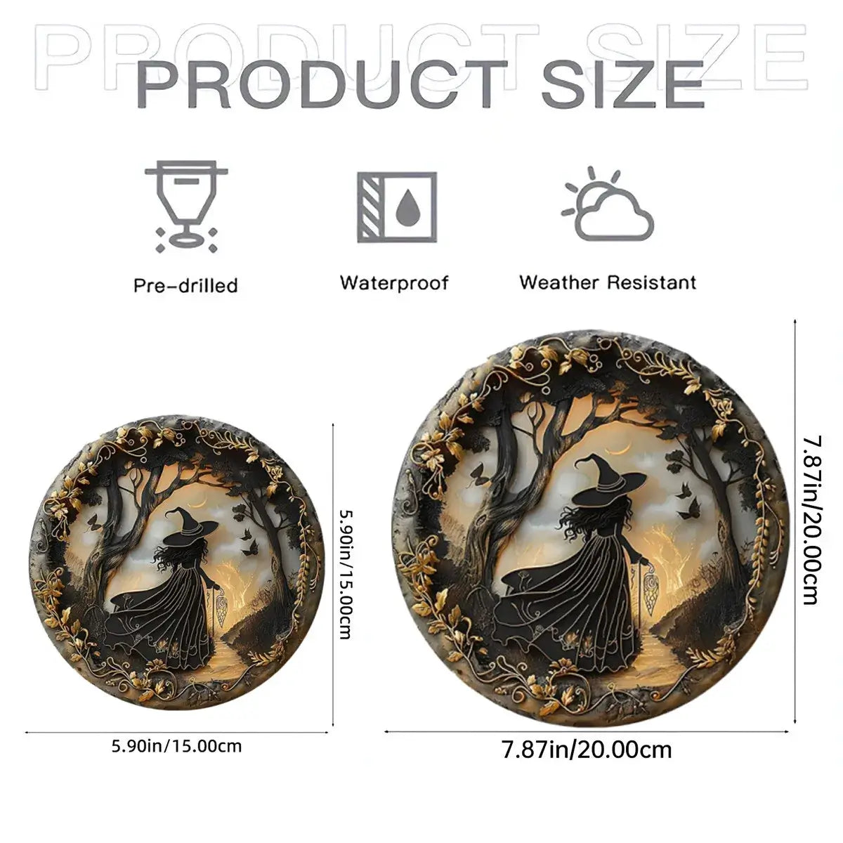 Product size chart for Witch Acrylic Window Decoration showing 15cm and 20cm options, waterproof and weather-resistant for seasonal Halloween use.
