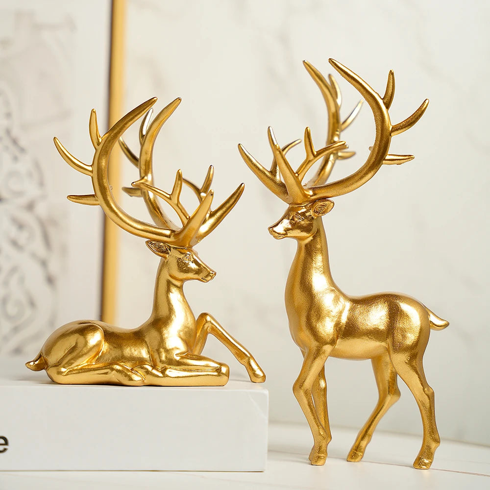 Elk Ornaments Set - Elk Christmas Ornaments in gold resin finish. Elegant standing and sitting elk figurines for festive home décor.