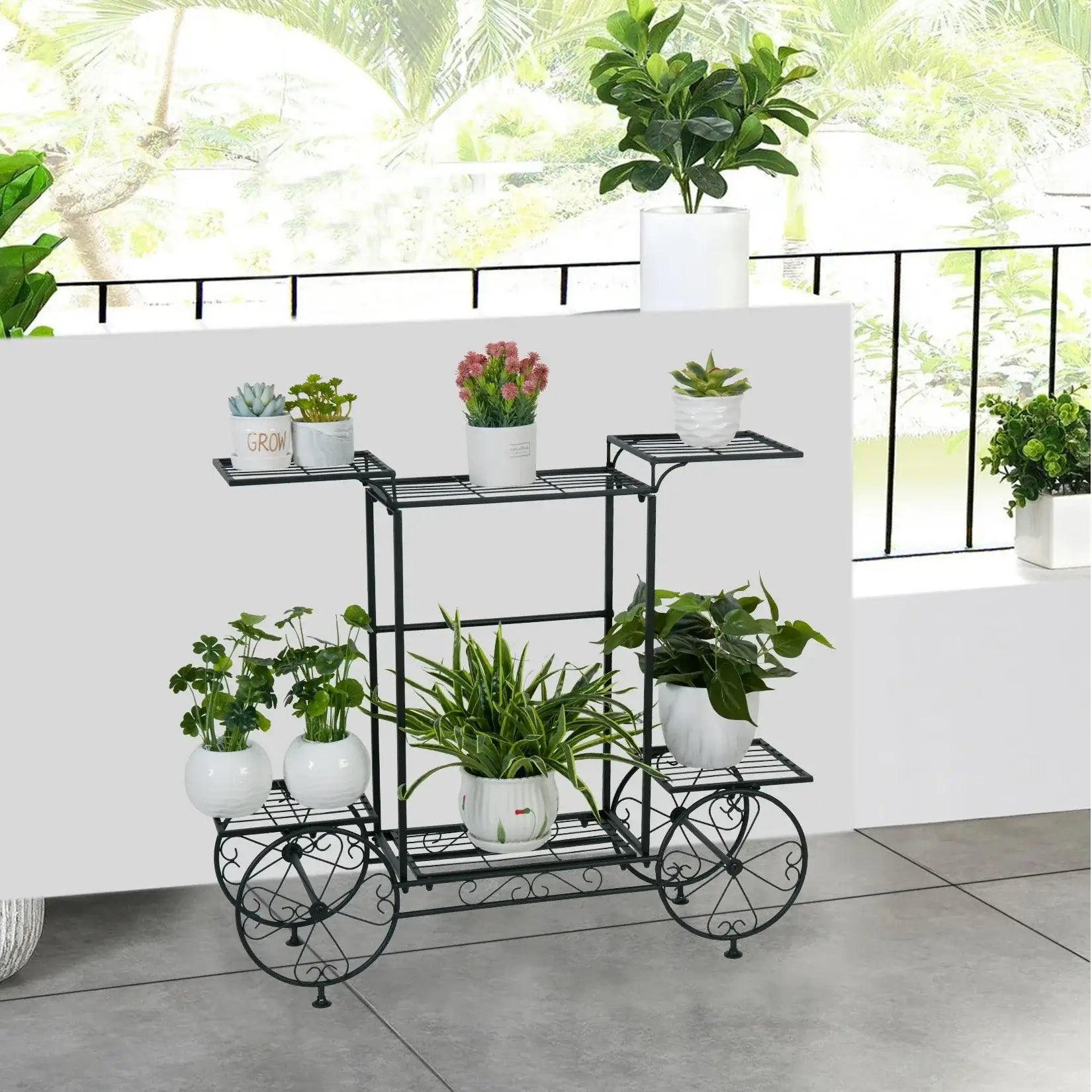 6-tier metal garden cart with potted plants, ideal for outdoor storage and organization.