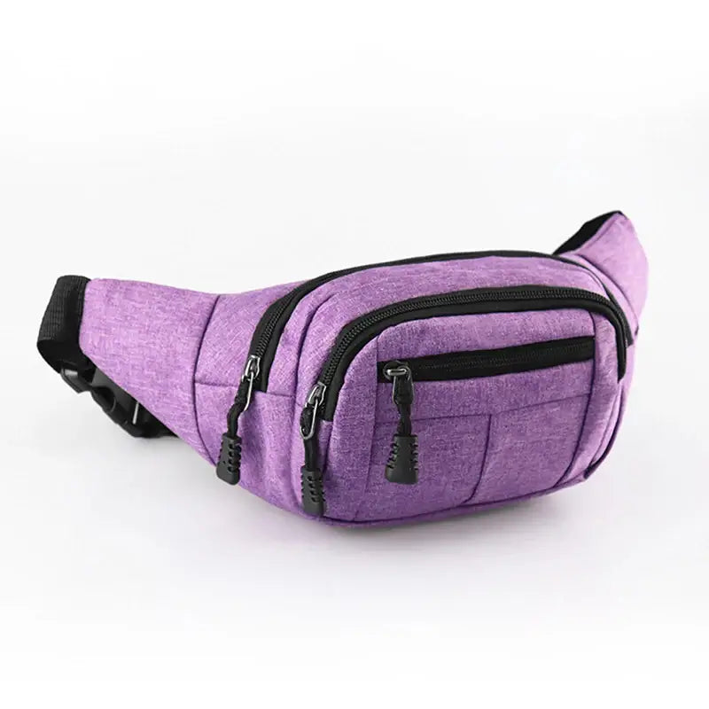 Purple fanny bag waist pack with front and top zippers, ideal for stylish and practical daily use.