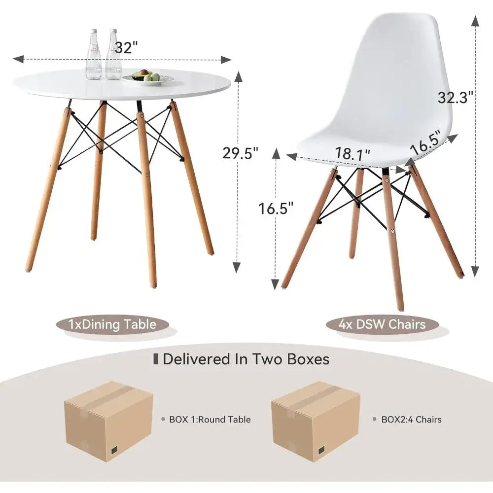 Dimensions of 5-piece round dining table set with 32-inch table and ergonomic chairs, delivered in two boxes for easy assembly.
