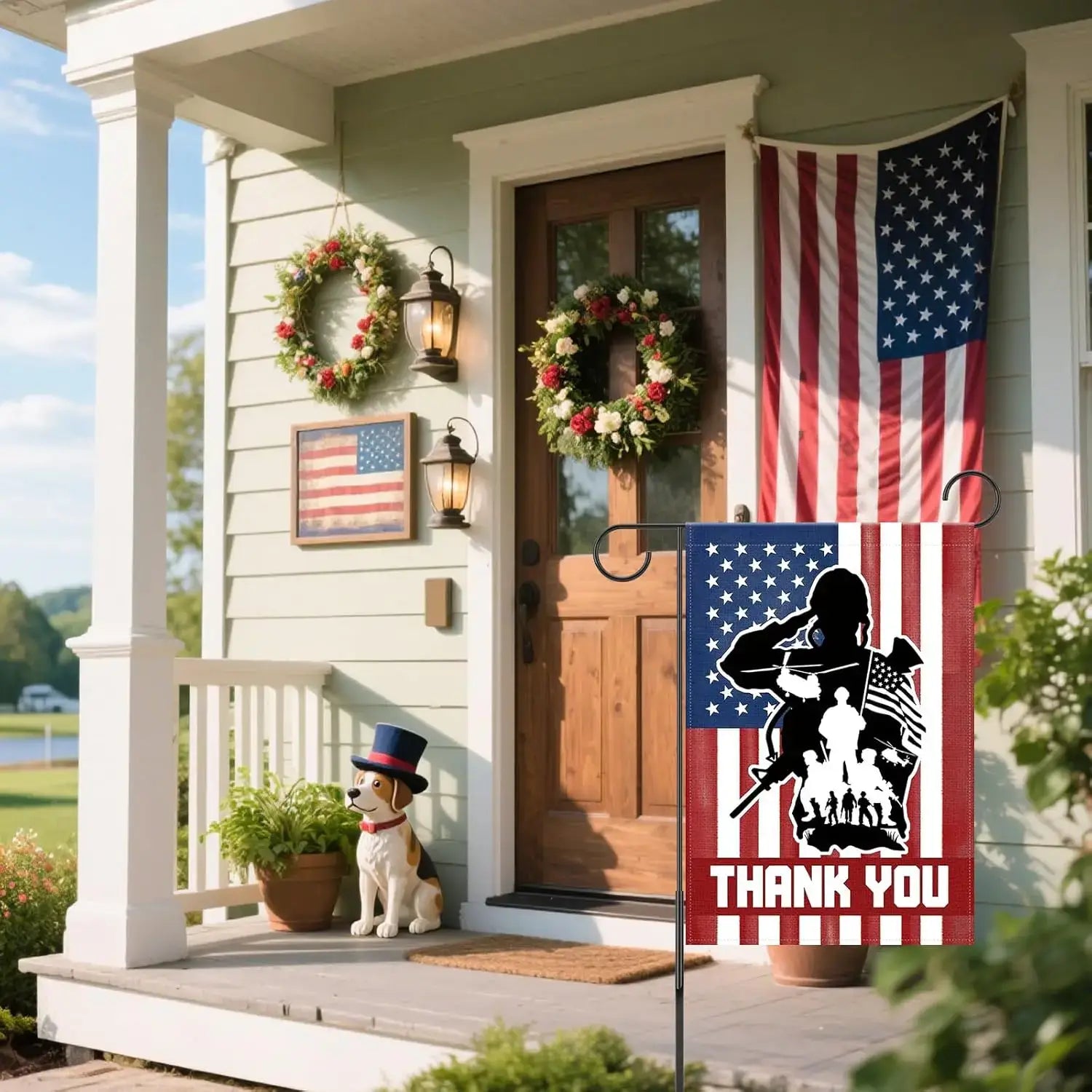 Memorial Day Flag 12x18 - Patriotic Garden decorates a front porch with patriotic wreaths and flags, enhancing outdoor tribute to heroes.