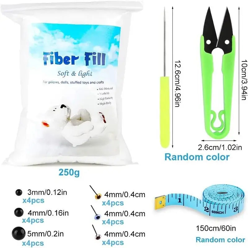 250g KRABALL Fiber Fill kit with polyester stuffing, sewing tools, and buttons. Perfect for creative arts and crafts.