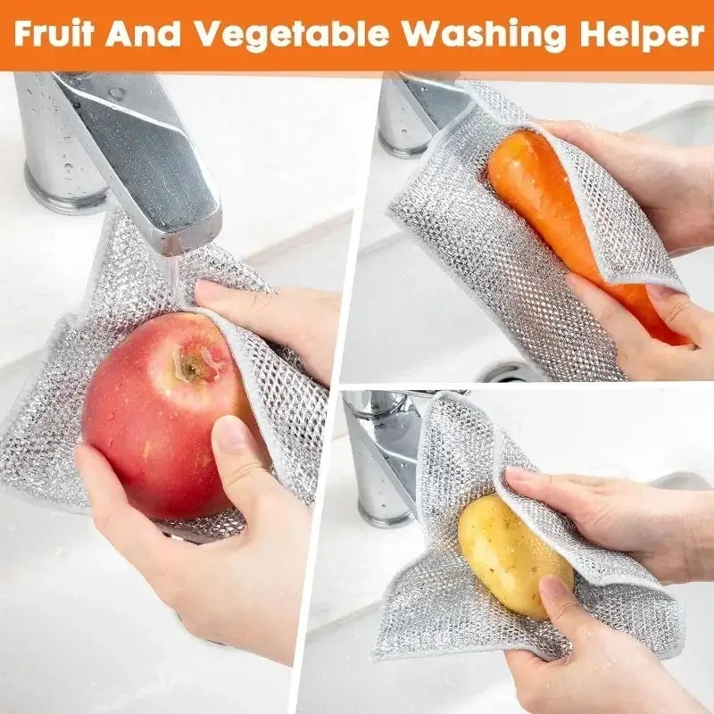 Magic Dishcloth Silver Wire cleaning apple, carrot, and potato, demonstrating safe use for washing fruits and vegetables.