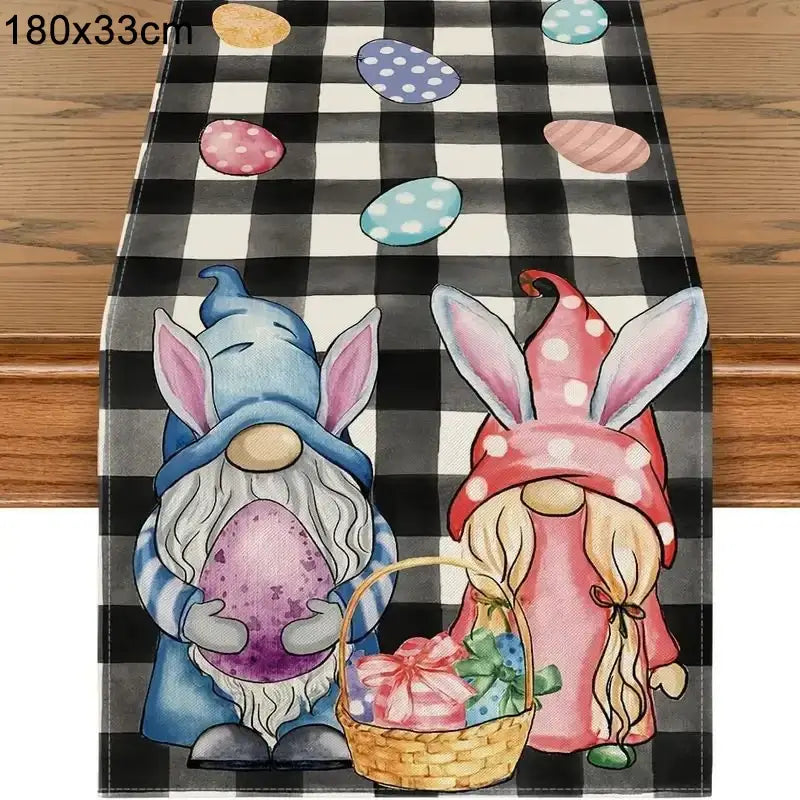 Easter Bunny Table Runner with gnome characters, Easter eggs, and checkered background. 180x33cm linen runner for whimsical spring decor.