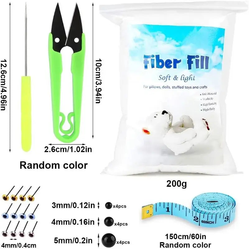 200g KRABALL Fiber Fill kit with stuffing, scissors, needles, buttons, and measuring tape. Complete set for crafting and sewing.