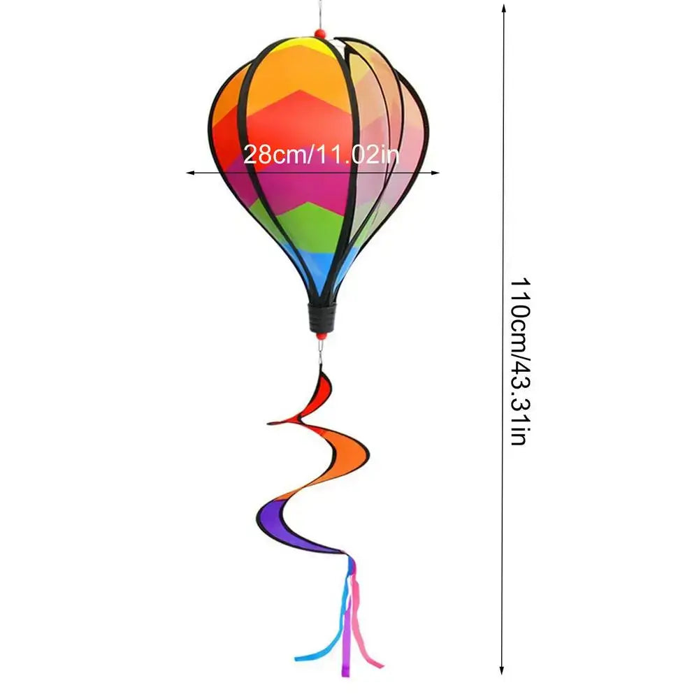 Detailed size chart of Hot Air Balloon Wind Spinner with 110cm height and 28cm width, perfect for colorful and unique garden decoration.
