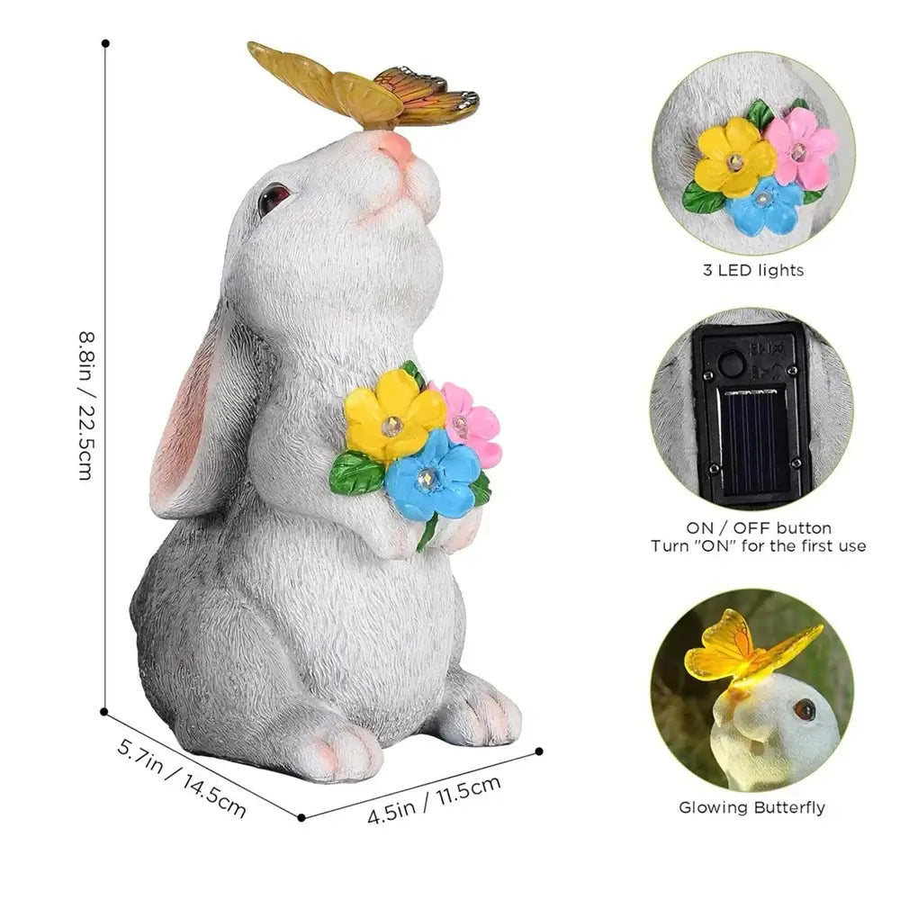 Dimensions and features of Solar Bunny Statue Decor with LED lights and solar panel. UV-resistant resin with glowing floral accents.