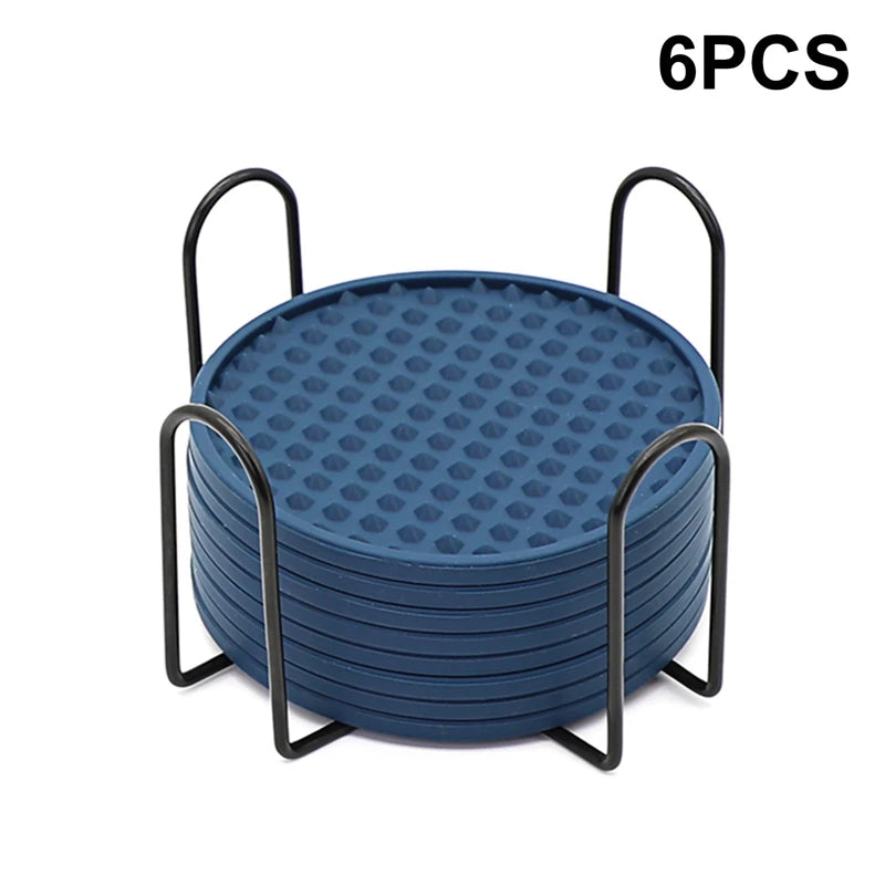 Blue 6Pcs Silicone Coasters Set with textured surface and metal holder. Heat-resistant and non-slip for kitchen and barware use.