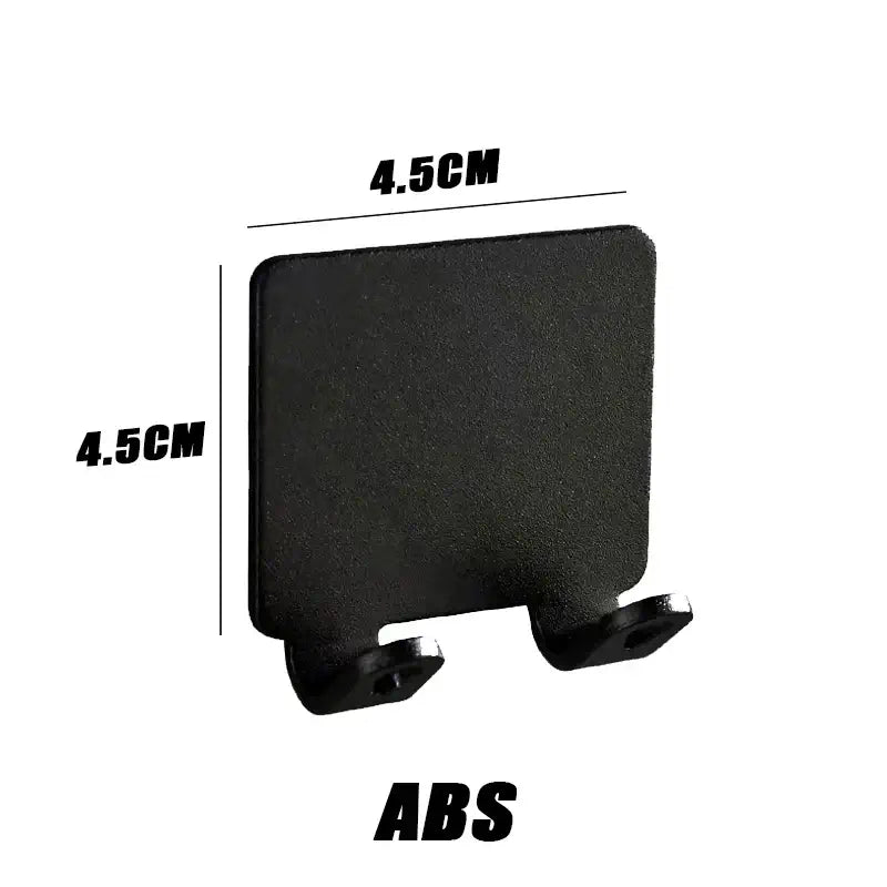Black ABS adhesive razor holder with dual hooks, compact 4.5cm size, designed for rustproof and waterproof bathroom storage.