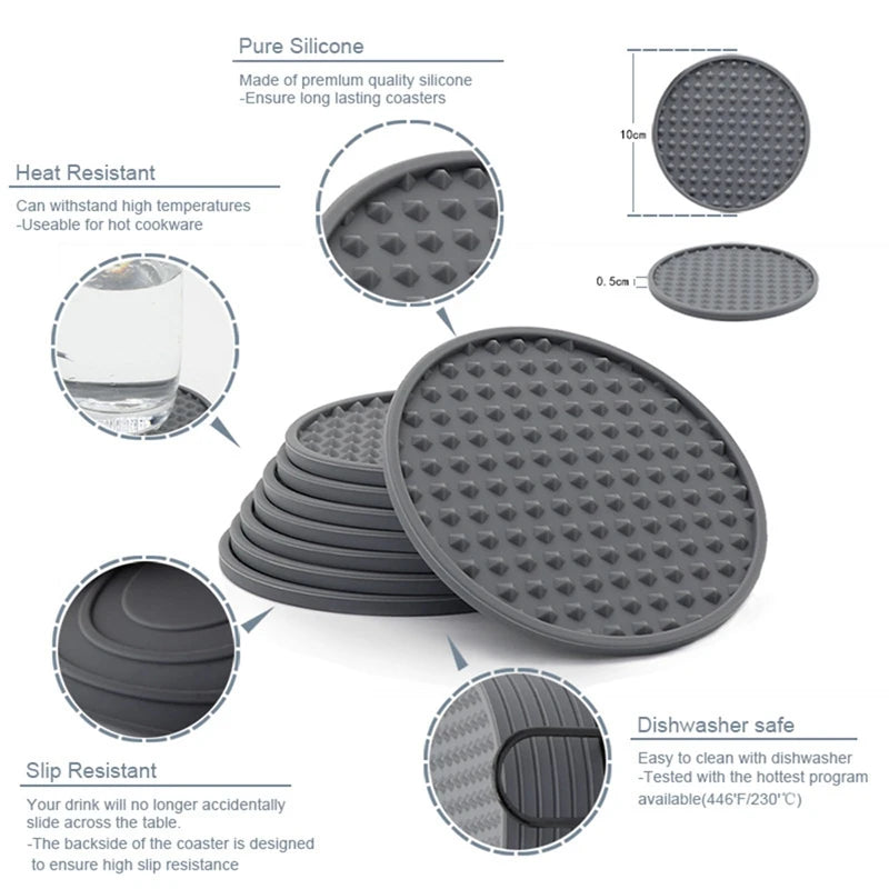 Detailed features of 6Pcs Silicone Coasters Set including heat resistance, slip resistance, and dishwasher safety. Ideal for home and bar use.