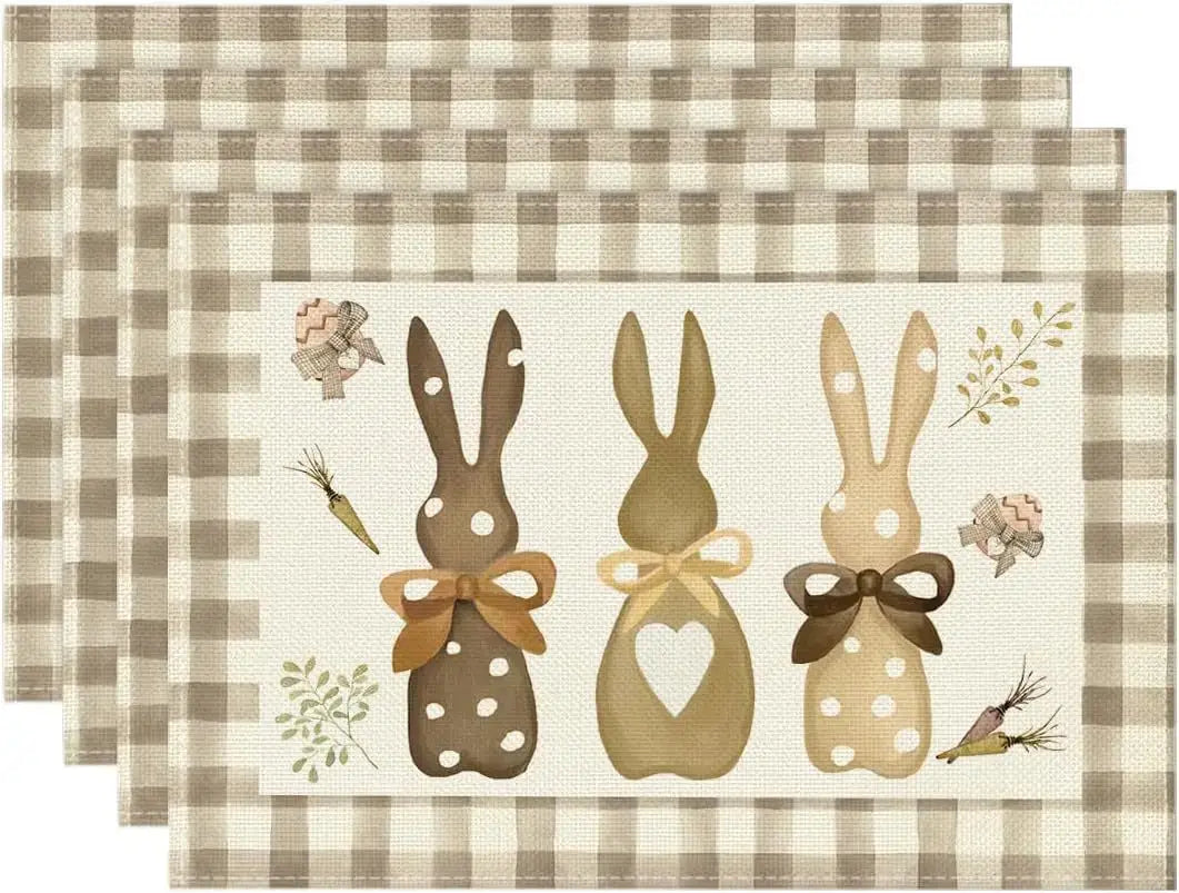 Neutral plaid Easter placemats with three polka-dot bunnies and rustic carrots. Perfect for farmhouse-style decor.
