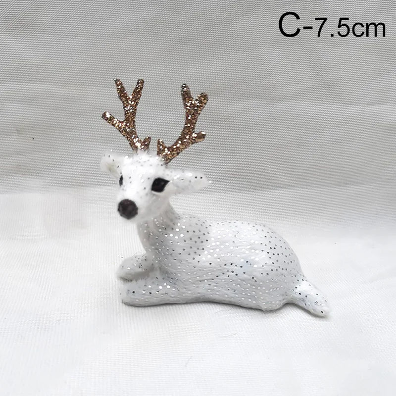 7.5cm white Deer Reindeer Figurine - Table Miniature with sparkling finish and gold antlers, perfect for compact holiday decor.