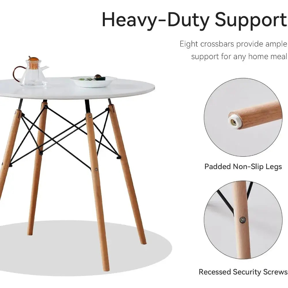 Heavy-duty support structure of 5-piece round dining table set with crossbars, non-slip legs, and recessed screws for stability.