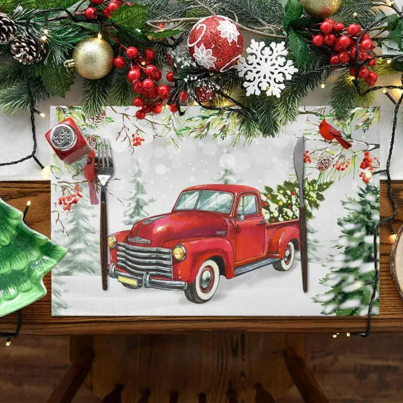 Red vintage truck linen placemat with snowy background, great for holiday meals. Wrinkle-free and fast-drying material.