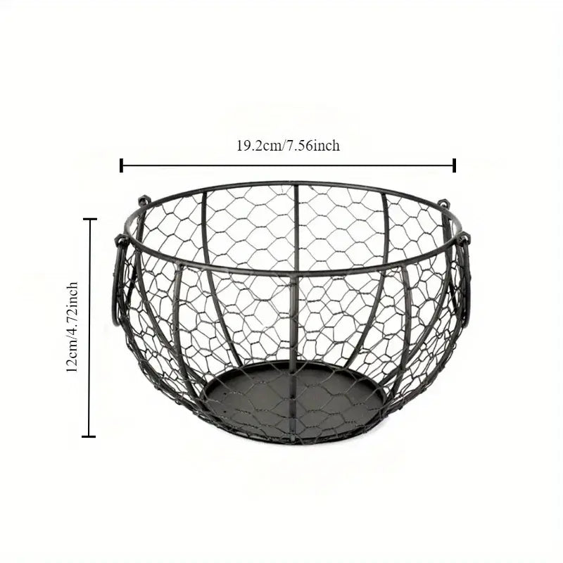 Dimensions of metal wire egg basket shown as 19.2cm wide and 12cm tall. Compact and functional for kitchen egg storage.