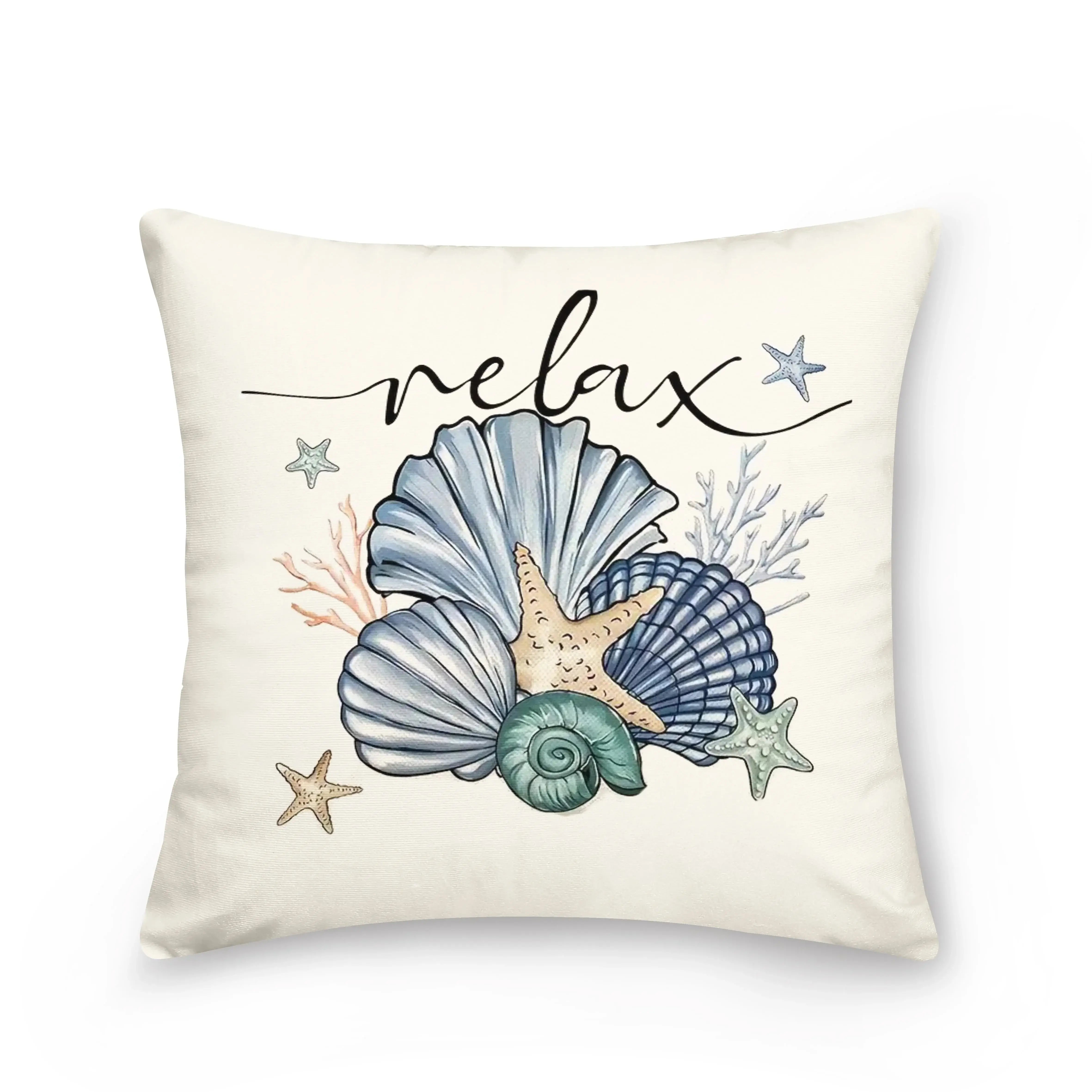 Relax-themed Ocean Home Decor Pillowcase with seashell and coral illustrations. Soft nautical cushion cover for home and garden decor.