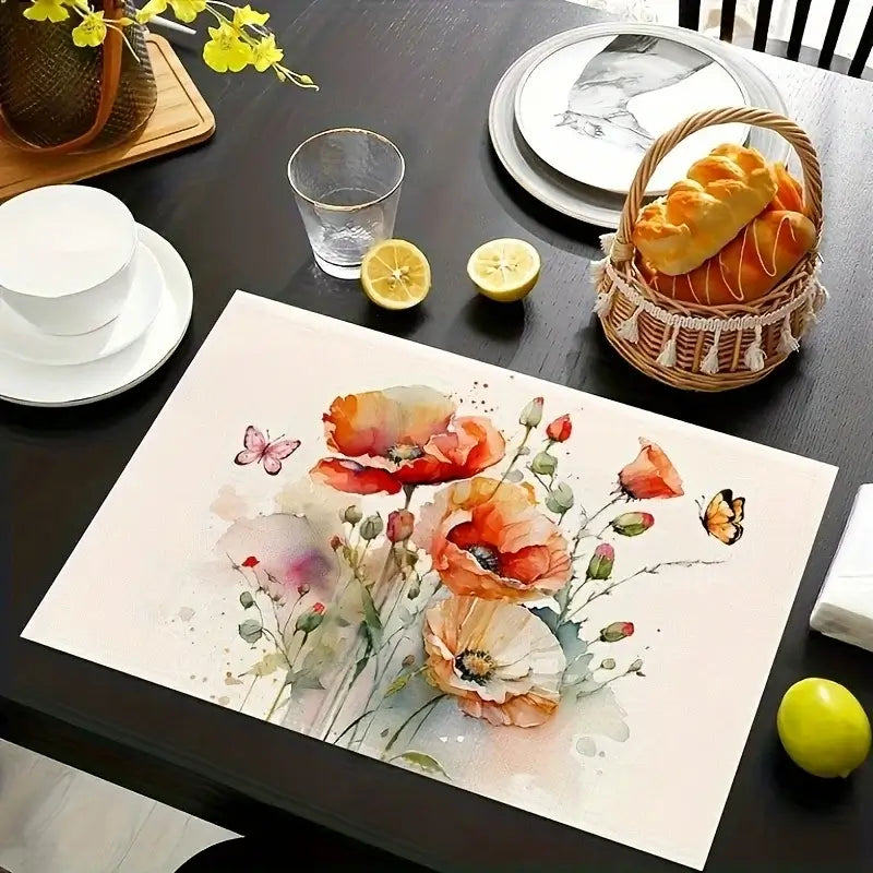 Watercolor poppy flower design placemat from 2pcs Linen Placemats Set, offering a soft and elegant look for spring table decor.