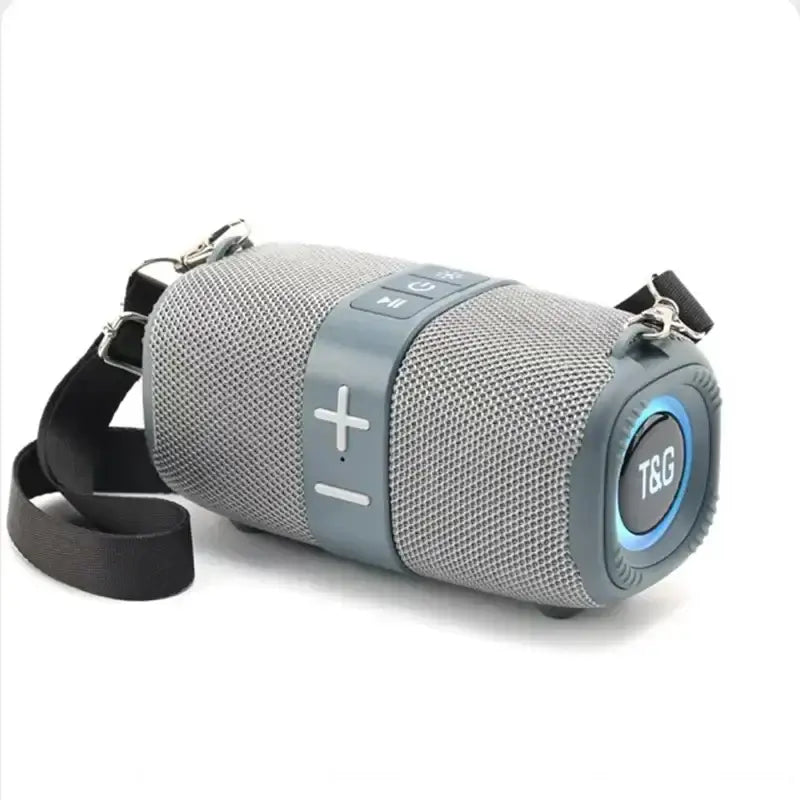 Gray Crossbody Bluetooth Speaker with LED ring light and strap. Portable 50W speaker for outdoor and indoor audio experiences.