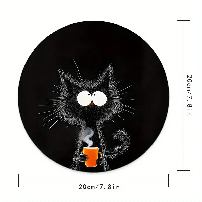 Black Cat Mouse Pad - Non-Slip Rubber Base shown with 20cm diameter, featuring a cartoon cat and coffee cup design for stylish desk setups.