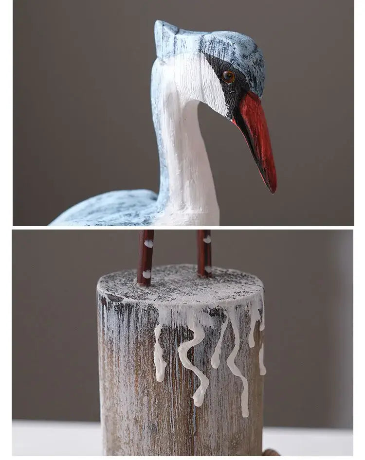 Close-up of Mediterranean Resin Seagull Figurine showing detailed paintwork and weathered wooden base with nautical rope accent.