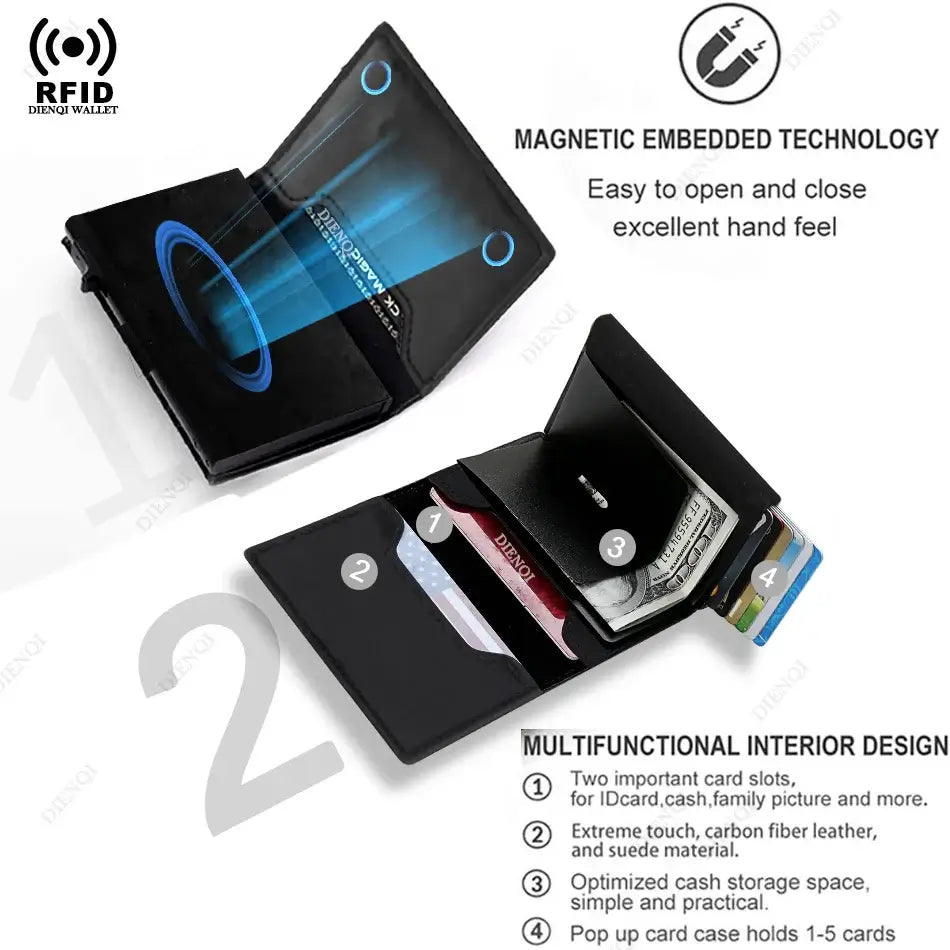 Open RFID Credit Card Holder showing magnetic closure, card slots, and cash compartment for multifunctional men's wallet organization.