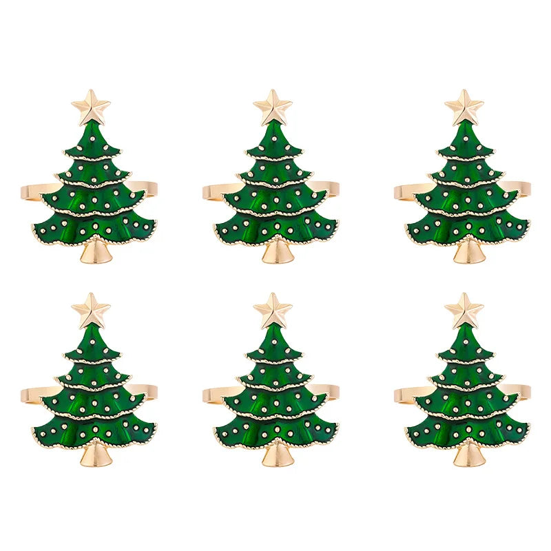 Six-piece set of Christmas tree napkin rings in festive green and gold, designed for holiday table settings and Christmas decor.