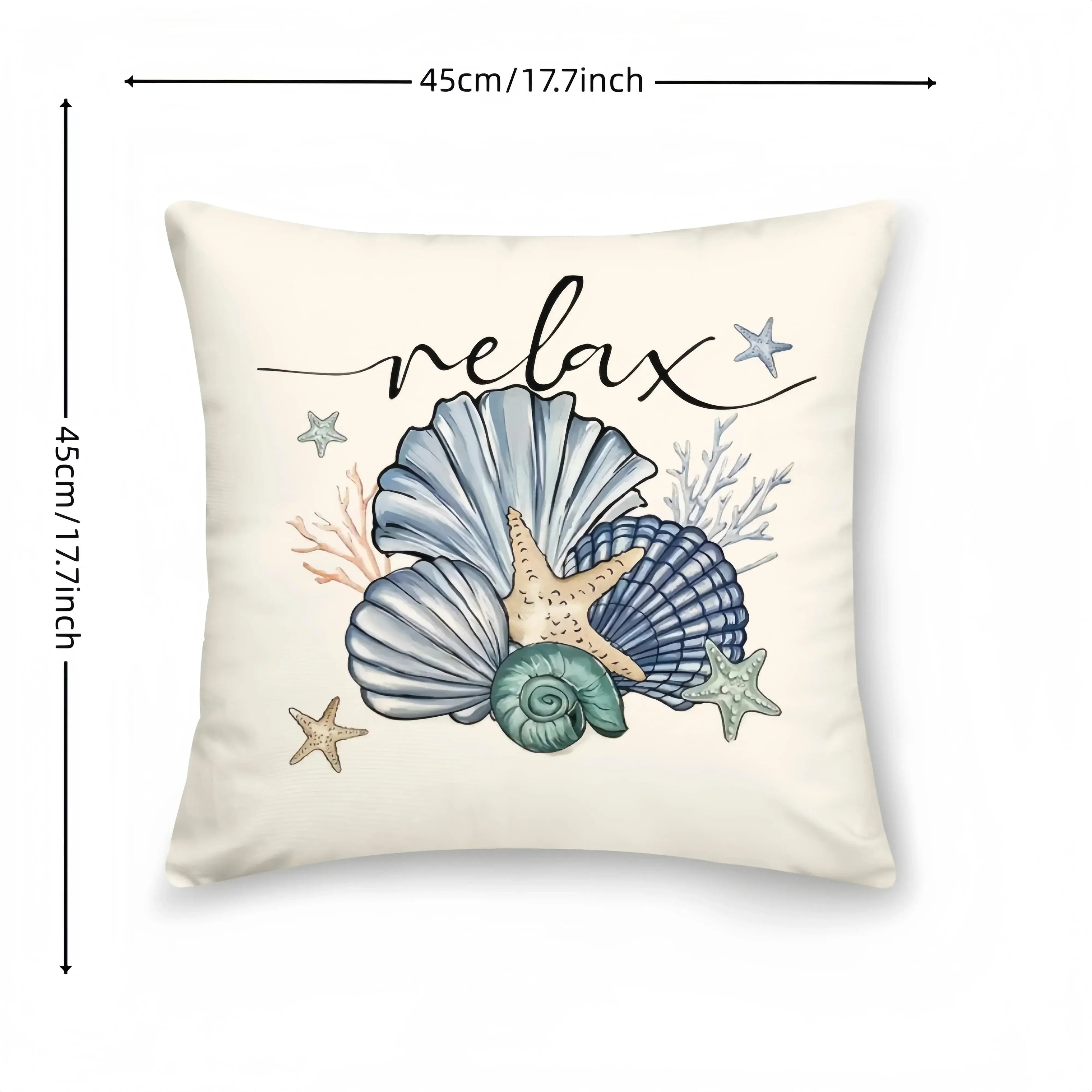Detailed view of 'relax' Ocean Home Decor Pillowcase with seashell and starfish design. 45x45cm soft cushion cover for beach-themed decor.