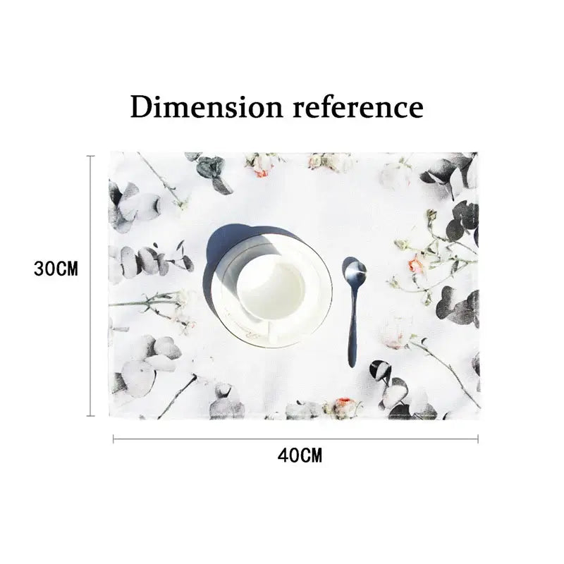 Linen placemat size reference showing 40x30cm dimensions with floral design, perfect for stylish and breathable table settings.