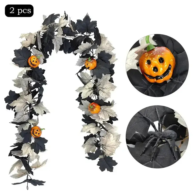 Two-piece Halloween Garland in black and white maple leaves with pumpkins and spiders. Great for spooky and elegant seasonal decor.