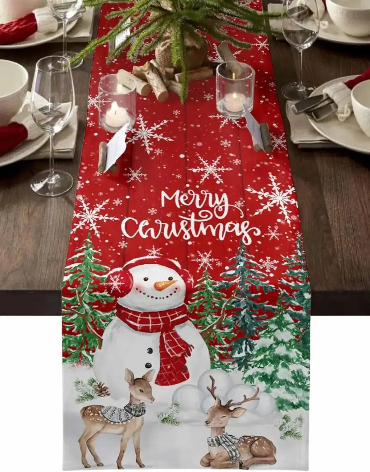 Red Christmas linen table runner with snowman, reindeer, and snowflakes. Festive holiday decor for dining tables and seasonal gatherings.