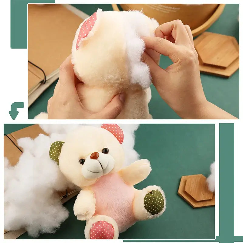 Hands stuffing a plush bear with KRABALL Polyester Fiberfill. High-resilience fiber perfect for toy making and repairs.