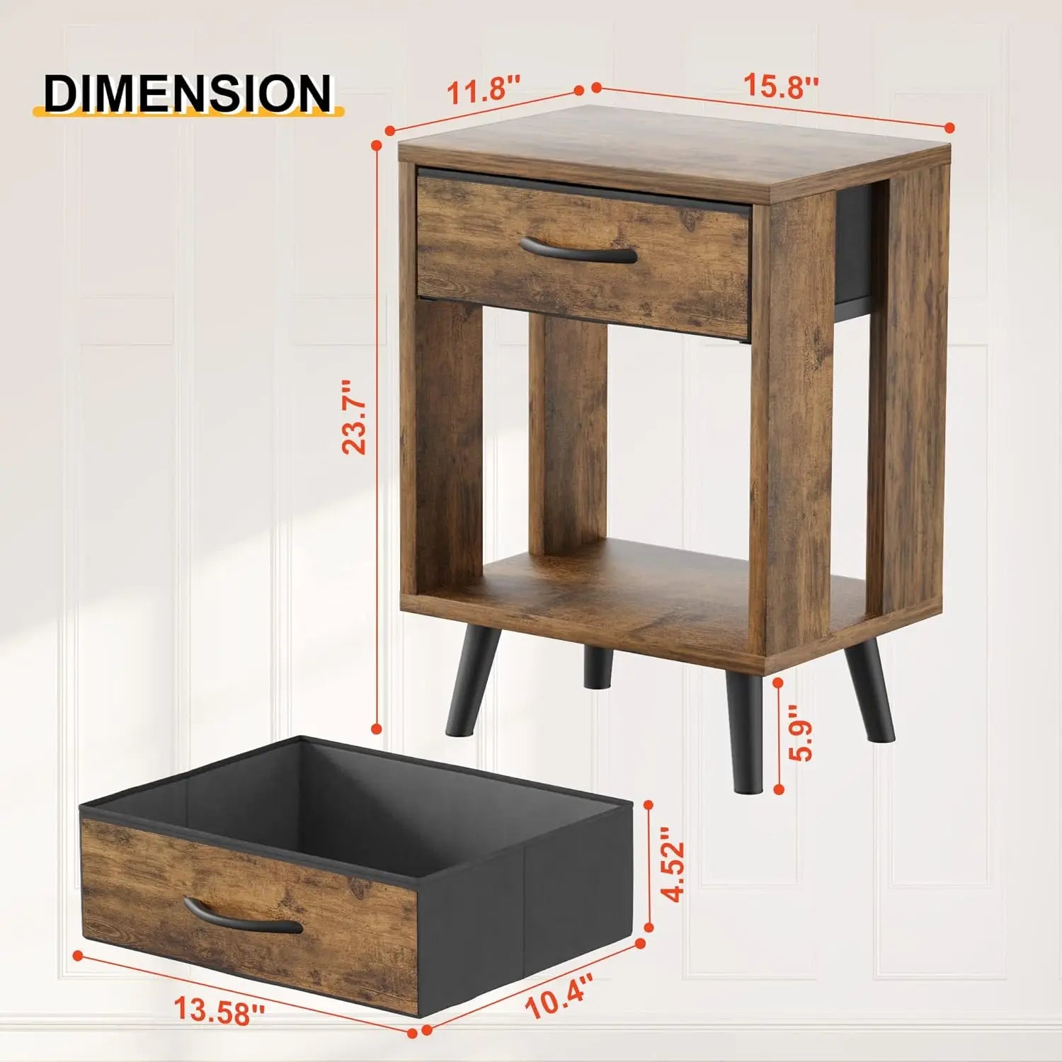 Dimensions of rustic nightstand with fabric drawer and open shelf. Includes detailed measurements for height, width, and drawer size.