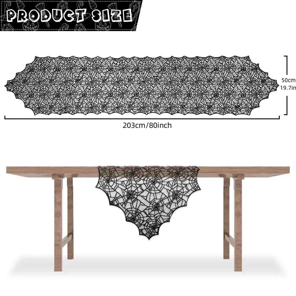 Spider Web Lace Table Runner measuring 80 inches long, shown on a table for Halloween-themed home and garden table linen decor.