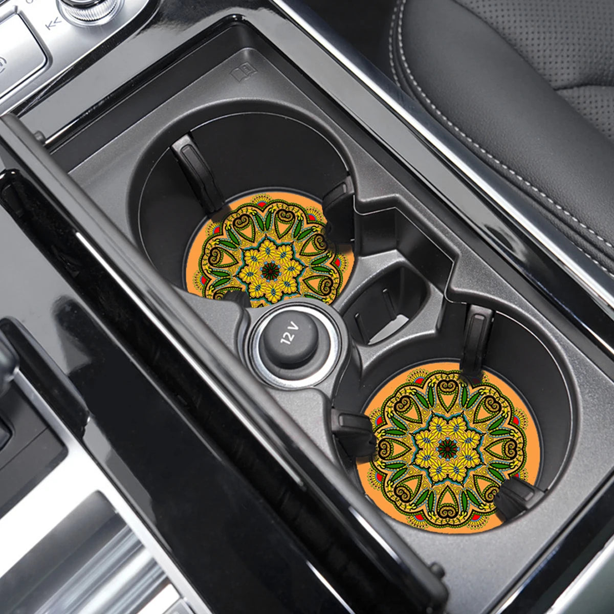 Pair of Vintage Mandala Car Cup Mats placed in a car’s cup holders, showcasing non-slip fit and decorative interior enhancement.