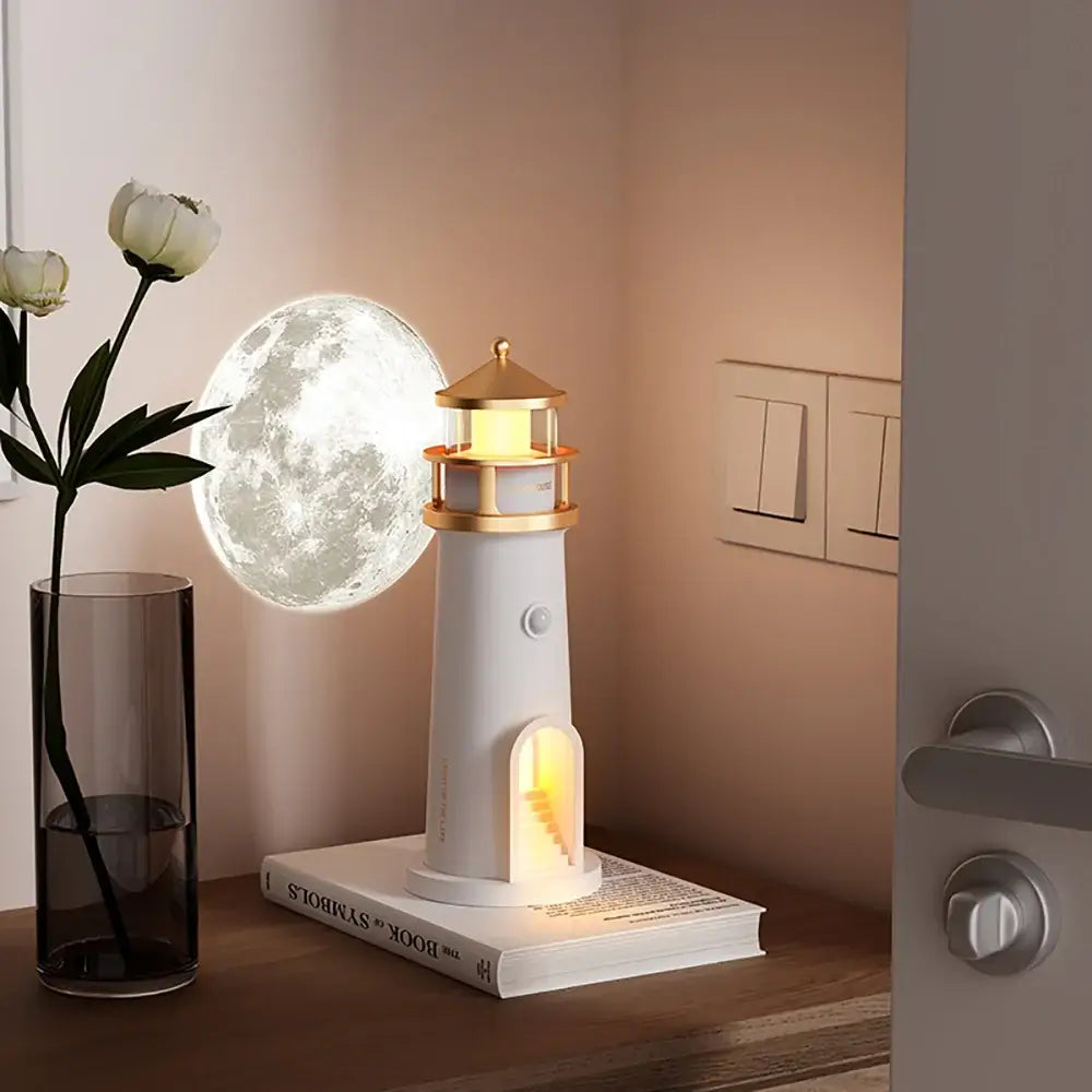 Lighthouse Ambient Light on a nightstand projecting moonlight, perfect for cozy bedroom ambiance with Bluetooth and motion sensor features.