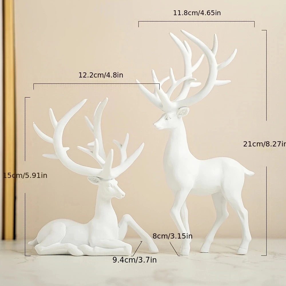 White Elk Ornaments Set with dimensions. Resin elk figurines include standing and sitting poses, ideal for holiday home décor.