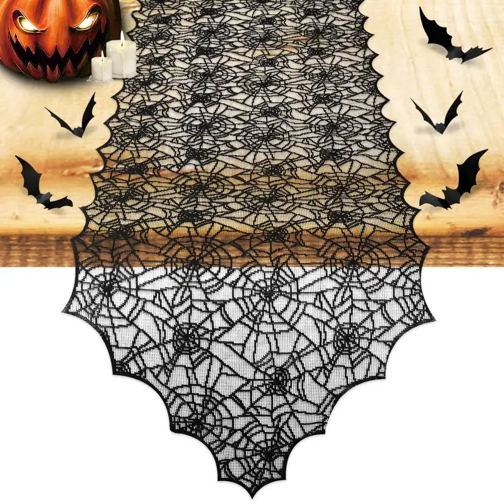 Gothic Halloween Spider Web Lace Table Runner featuring intricate web patterns, ideal for spooky seasonal table settings and decor.