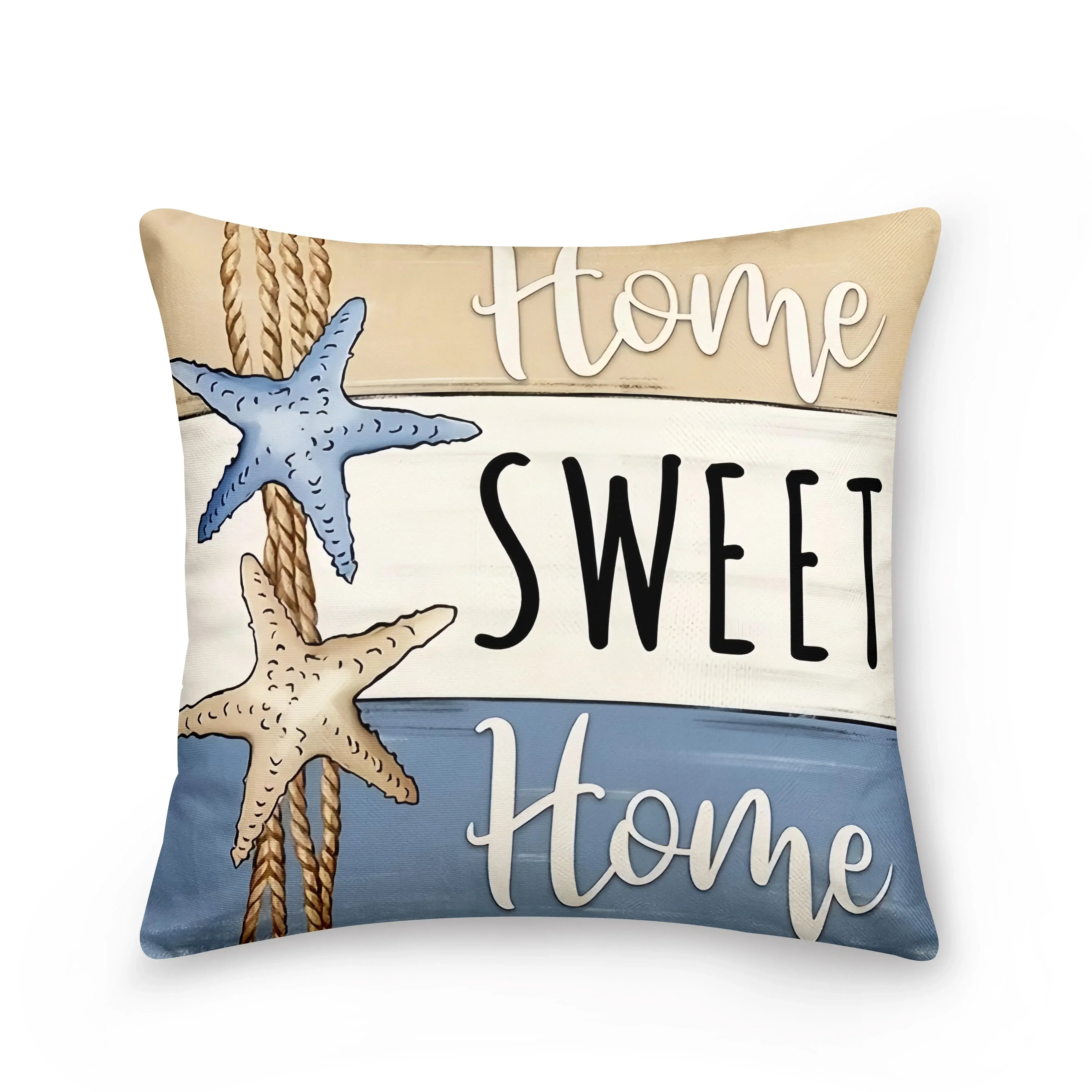 Home Sweet Home Ocean Decor Pillowcase with starfish and rope design. Nautical cushion cover for cozy beach-inspired interiors.