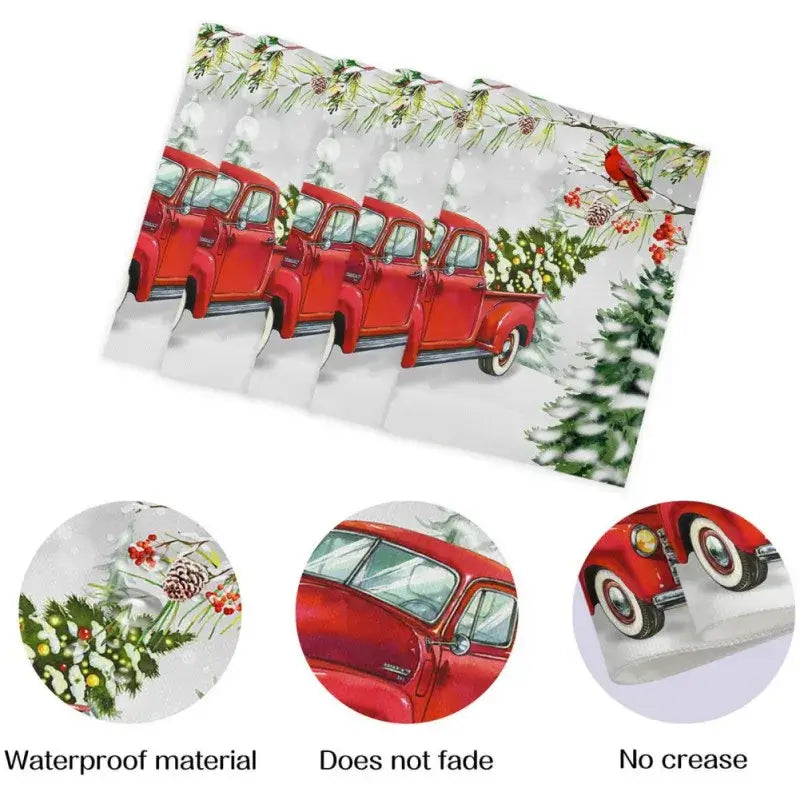 Linen placemat set of 4 with red vintage truck and pine trees. Durable, waterproof, and ideal for festive table settings.