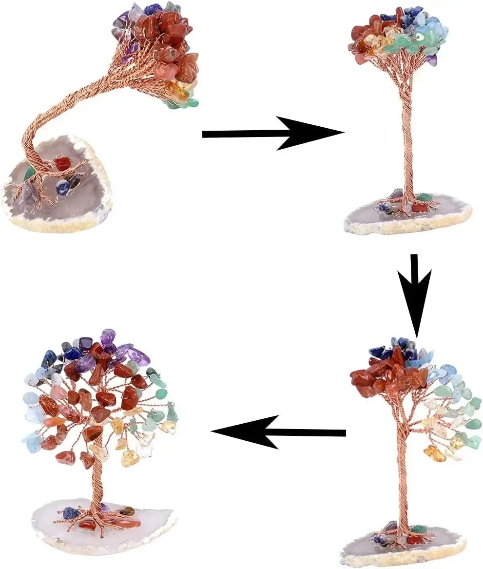 Flexible gemstone money tree showing adjustable copper wire branches. Features multicolor crystals and agate slice base for energy flow.