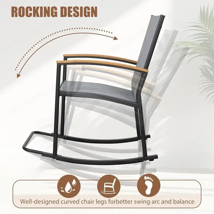 Side view of the Outdoor Rocking Bistro Set chair showing curved rocking legs for smooth motion and ergonomic balance.