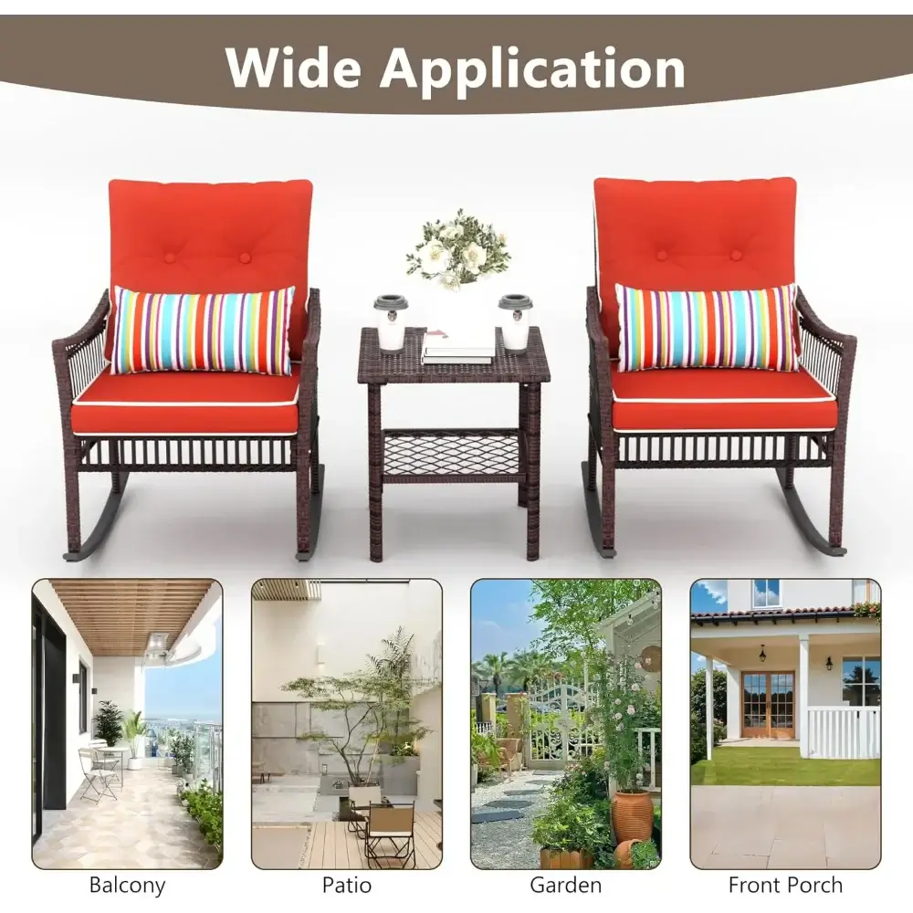 3-piece patio furniture rocking chairs set with red cushions and rattan table, ideal for balcony, patio, garden, or front porch use.