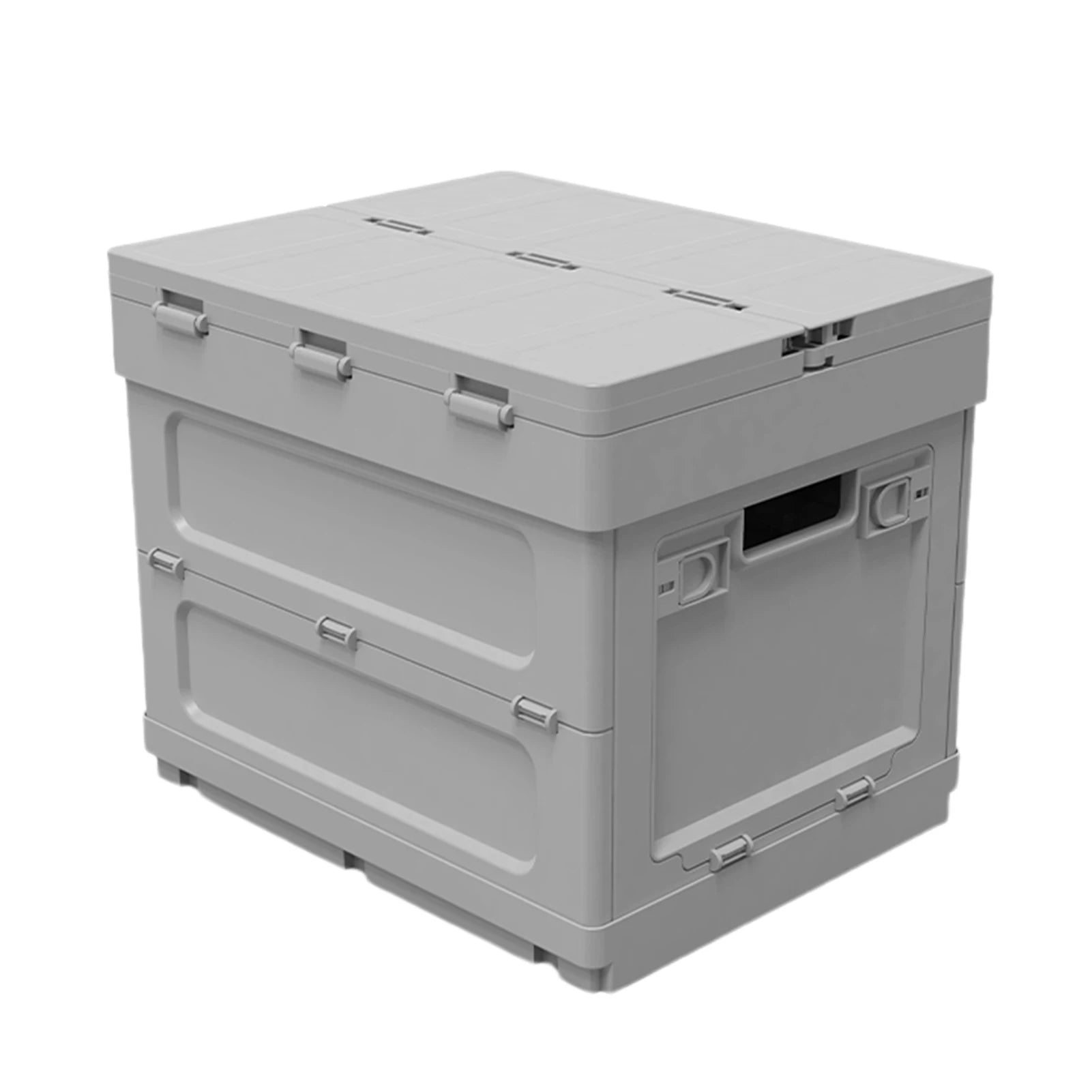 Closed view of the portable picnic table with cooler feature. Durable, stackable, and ideal for outdoor furniture storage.