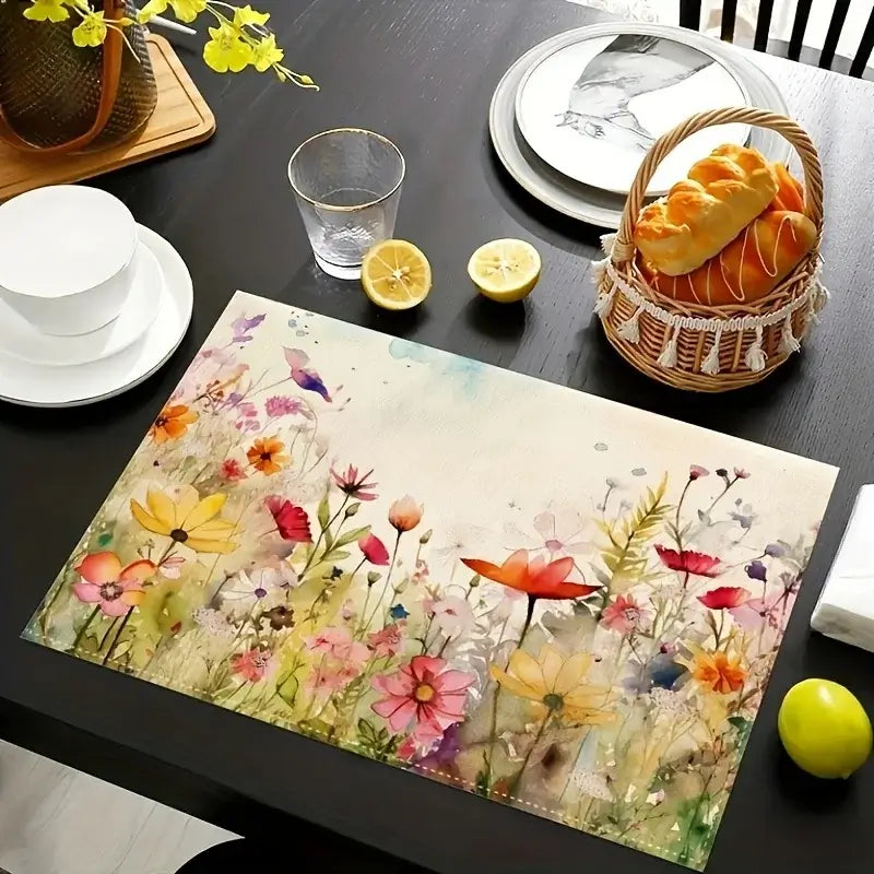 Floral-themed linen placemat from 2pcs Linen Placemats Set displayed on a dining table, enhancing spring and summer kitchen decor.