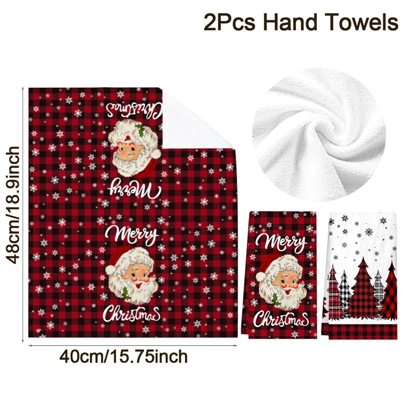2pcs Christmas Kitchen Dishtowels featuring Santa designs with red plaid and festive text, ideal for holiday kitchen décor.